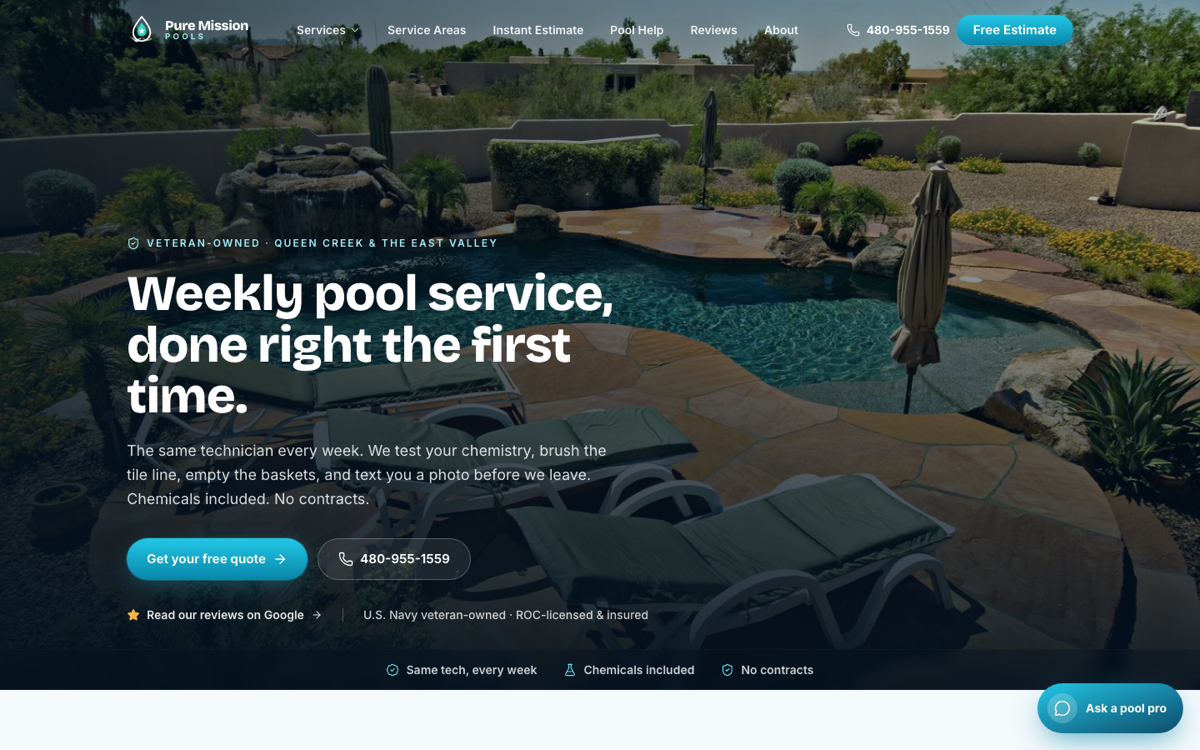 Pure Mission Pools website built and maintained by DesertCRM