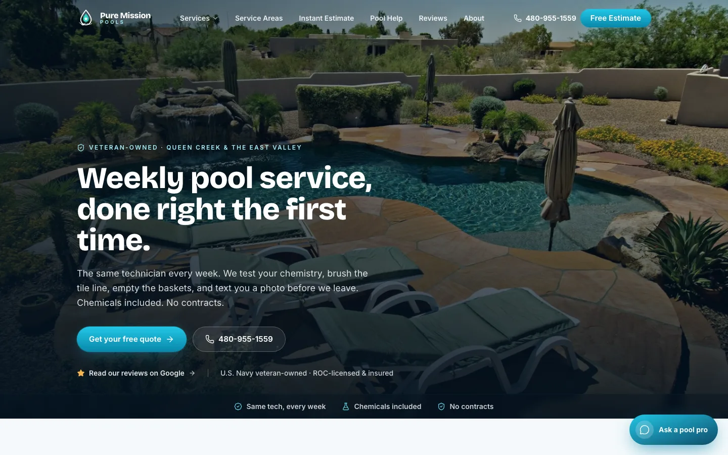 Pure Mission Pools website homepage, built by DesertCRM for a Phoenix-metro pool service company