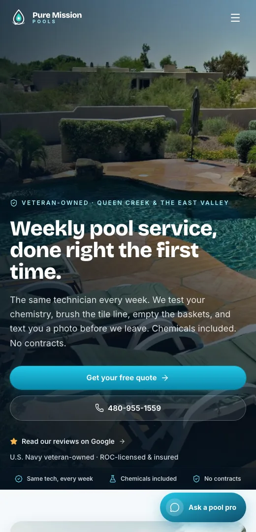 Pure Mission Pools mobile website view, built by DesertCRM for a Phoenix-metro home-services business